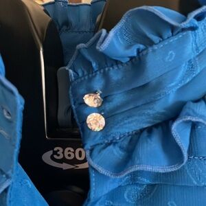 Vintage Oscar de la Renta Sport blue ruffle blouse upcycled with vintage buttons